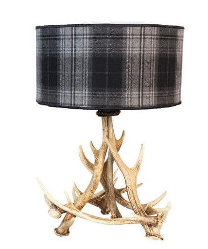 Lámpara de madera de ciervo, pantalla de tartan gris