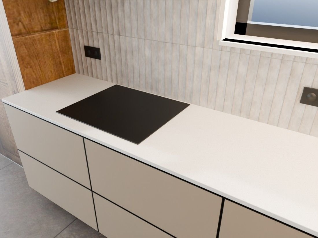 Ambiance I · plan en quartz blanc, plaque à induction