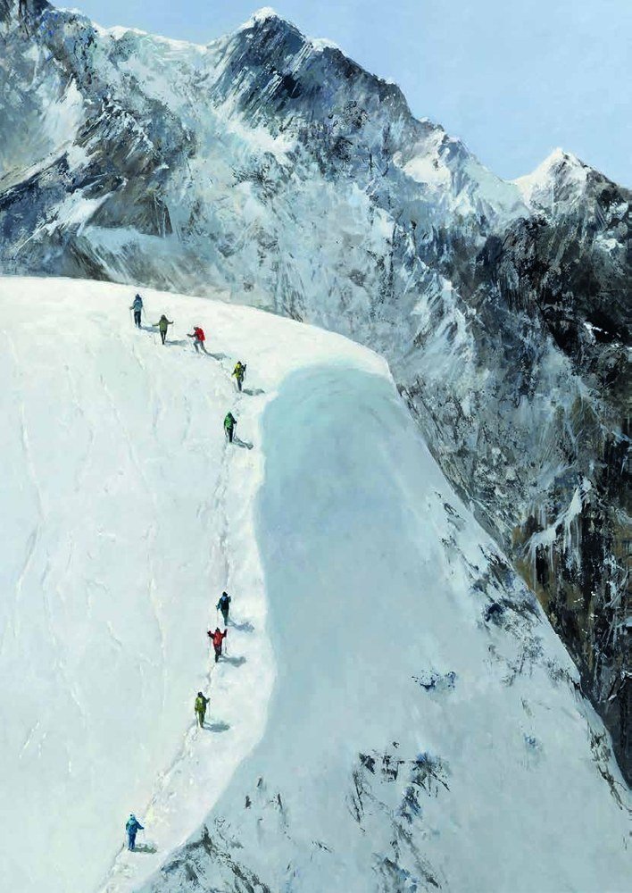 Toile Alpinistes : une cordée gravit une arête enneigée sous les sommets
